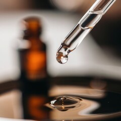 Close-Up Shot of a Clear Serum Drop Falling from the Applicator, Showcasing the Smooth Texture and Fluid Movement of the Liquid as It Drops for Skincare Application