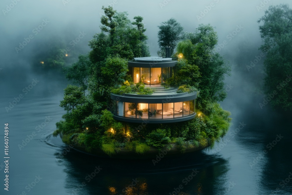 Poster a futuristic floating island with a high-tech eco-city powered by renewable energy and surrounded by