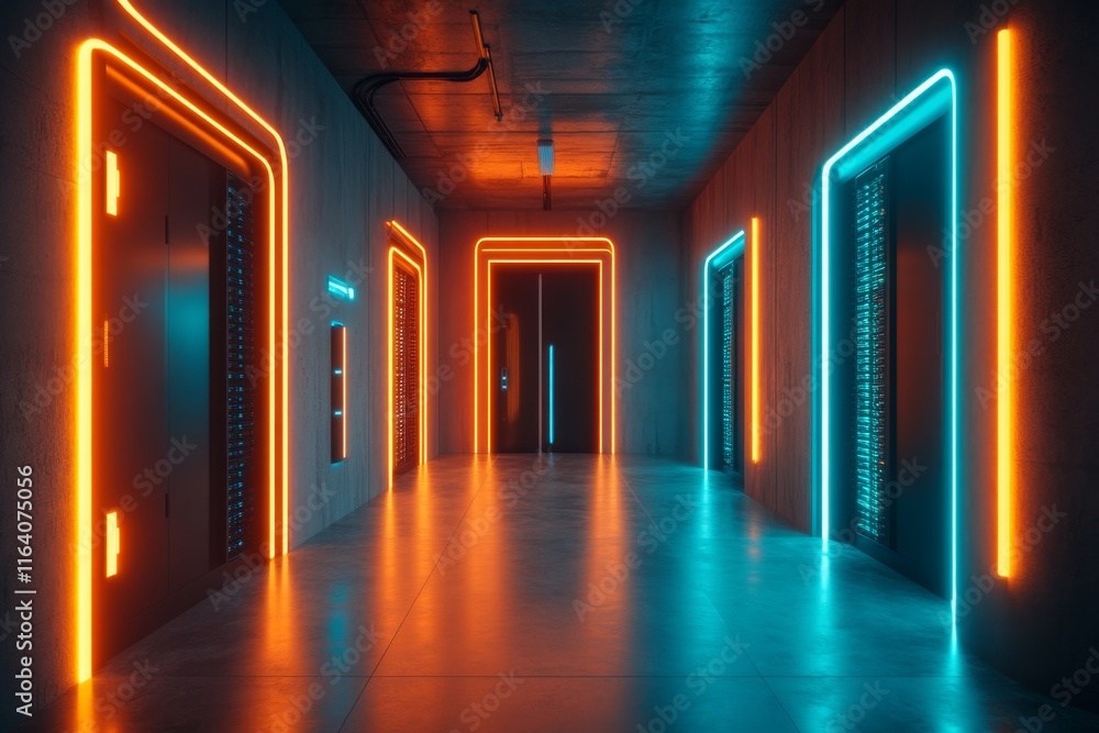 Poster a futuristic server room with glowing blue lights and neatly arranged racks of high-tech servers