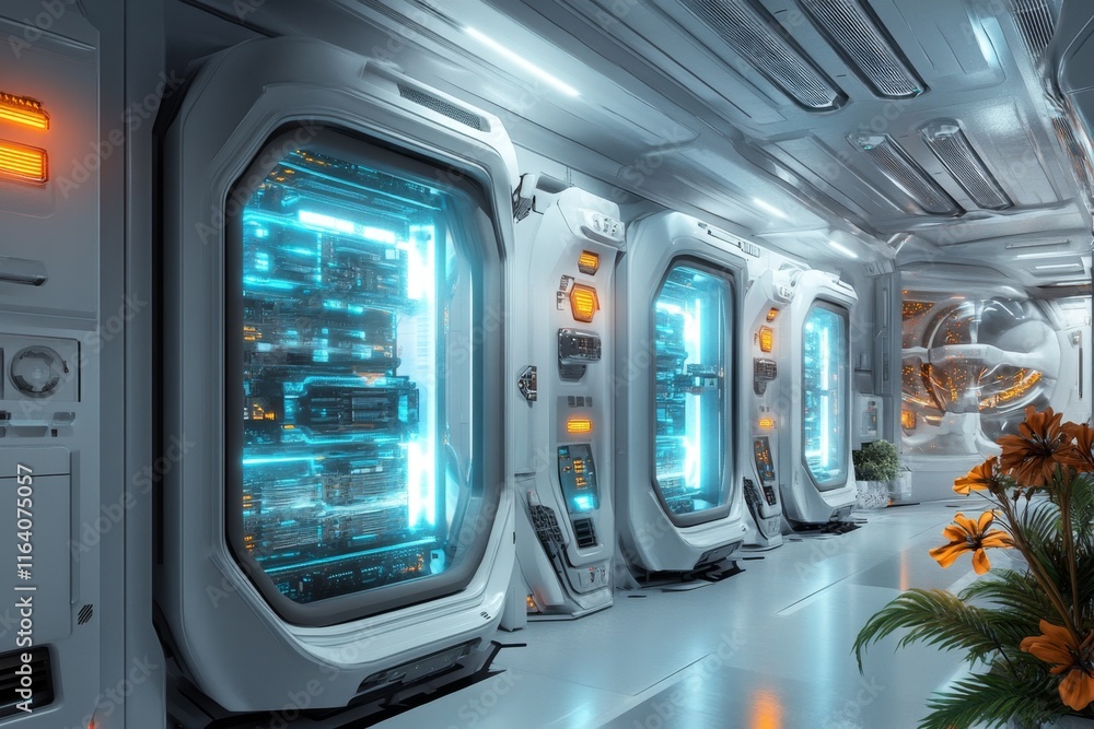 Poster a futuristic server room with glowing blue lights and neatly arranged racks of high-tech servers