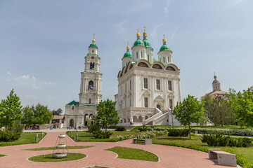 Uspensky cathedral (or Assumption cathedral) and the bell tower. Astrakhan Kremlin. Astrakhan...