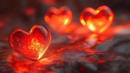 Romantic banner illustration with glowing red 3D hearts in a dreamy background -