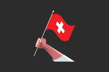 A hand holding a Switzerland flag, Flag of Switzerland national country symbol illustration Vector, Rectangle Switzerland flag illustration, Flat vector illustration
