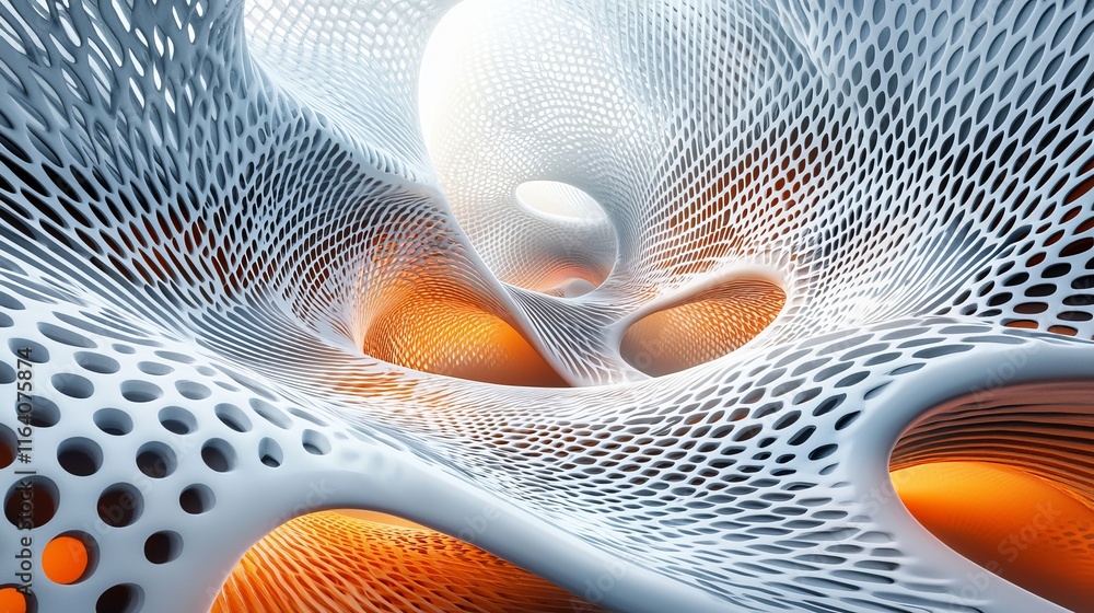Poster a dark background adorned with wavy orange and white lines. the design incorporates a wavy black tex