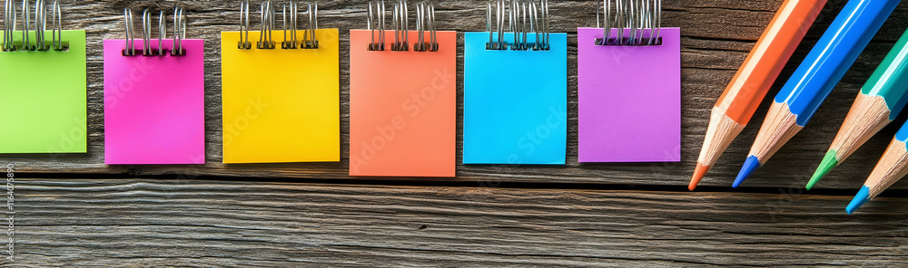 Poster rustic wooden table with colorful sticky notes and pencils arranged neatly -
