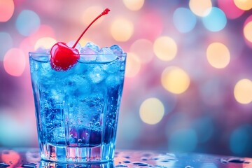 Blue cocktail with ice and cherry garnish on bar.