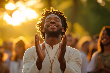Inspiring young african american man praying outdoors at sunset emotional spiritual gathering