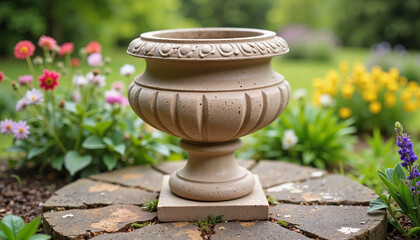 Sandstone urn surrounded by vibrant flowers in garden, rustic decor
