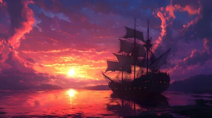 Obraz premium Sunset Sailboat Voyage on Calm Ocean Waters