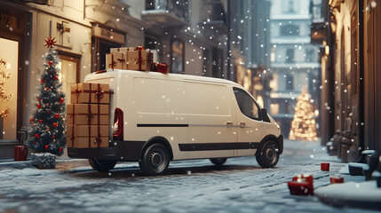 Obraz premium Seasonal Christmas advertisement with a white mini express cargo van delivering gift boxes to customers -