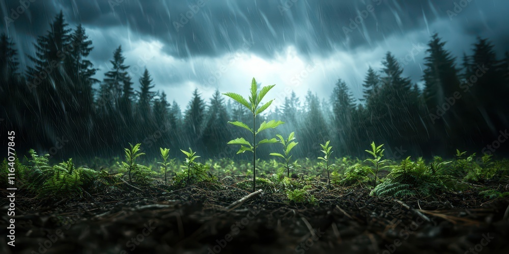 Poster a stormy forest scene with resilient new saplings growing. surrealistic image for metaphor.
