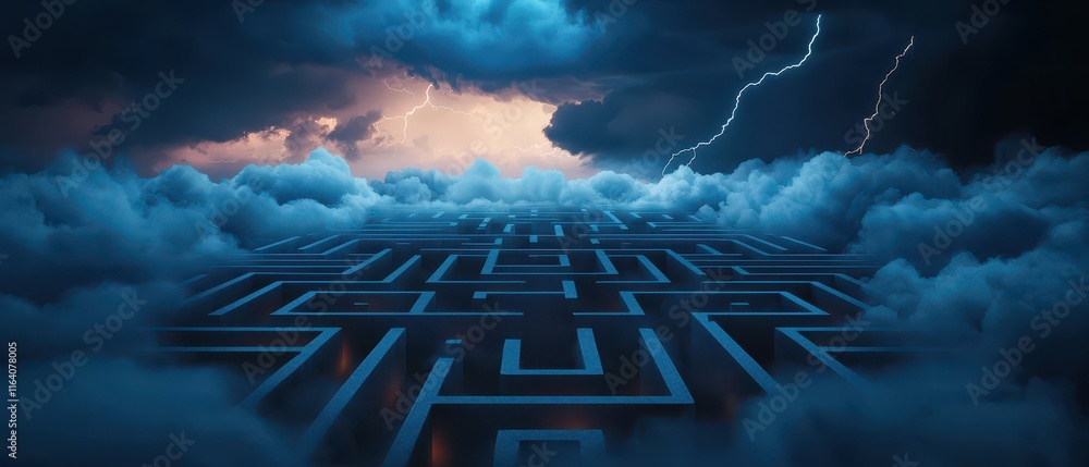 Poster a mystical labyrinth scene under stormy skies with illuminated paths. surrealistic image for metapho