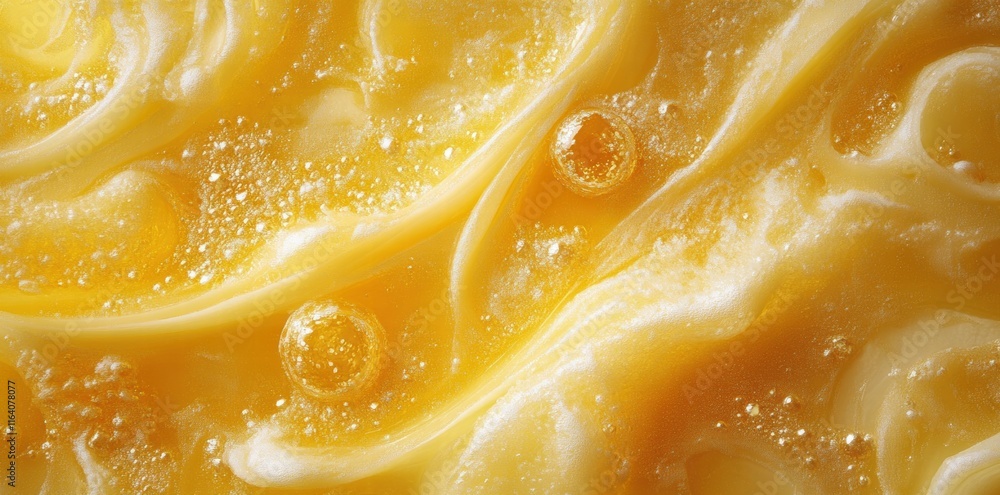 Poster close-up of creamy, yellow liquid with swirling patterns and bubbles.