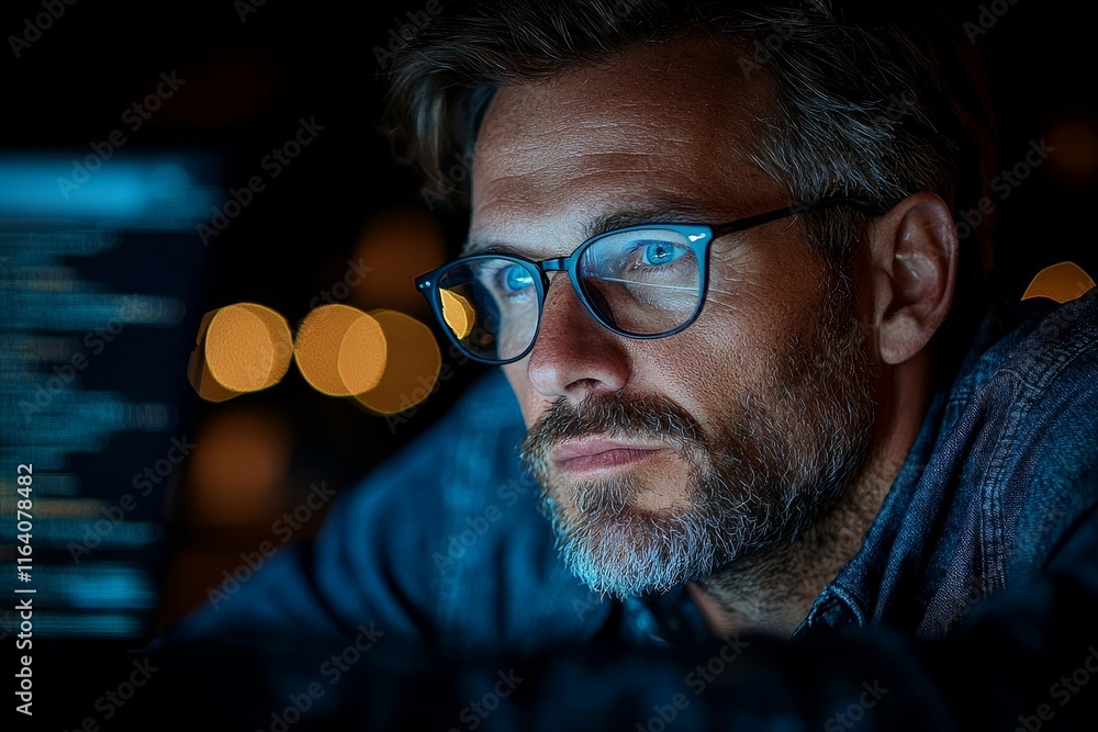 Aufkleber profile shot of a skilled expert geek guy, adept at solving issues, giving remote 24/7 tech support 