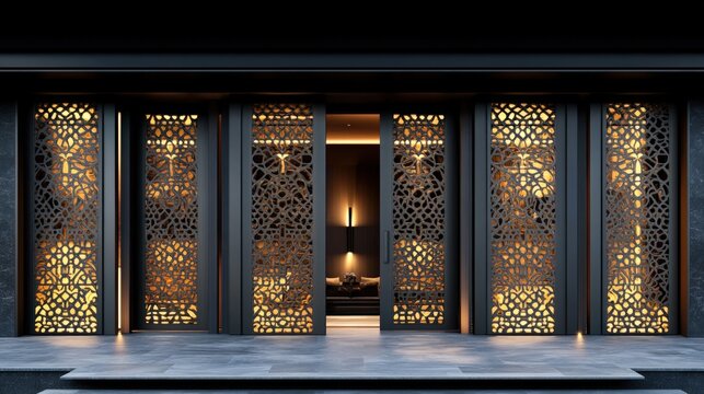 Modern dark entrance with intricate laser-cut metal doors and warm interior lighting.