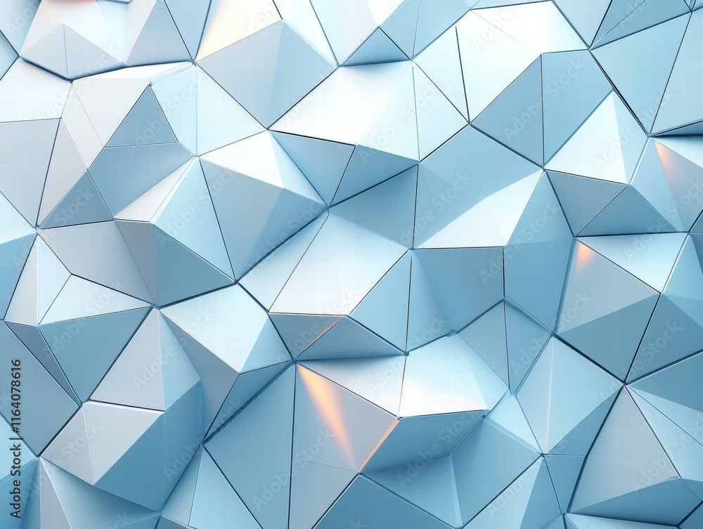 Poster a textured blue geometric surface with 3d triangular shapes and reflections.
