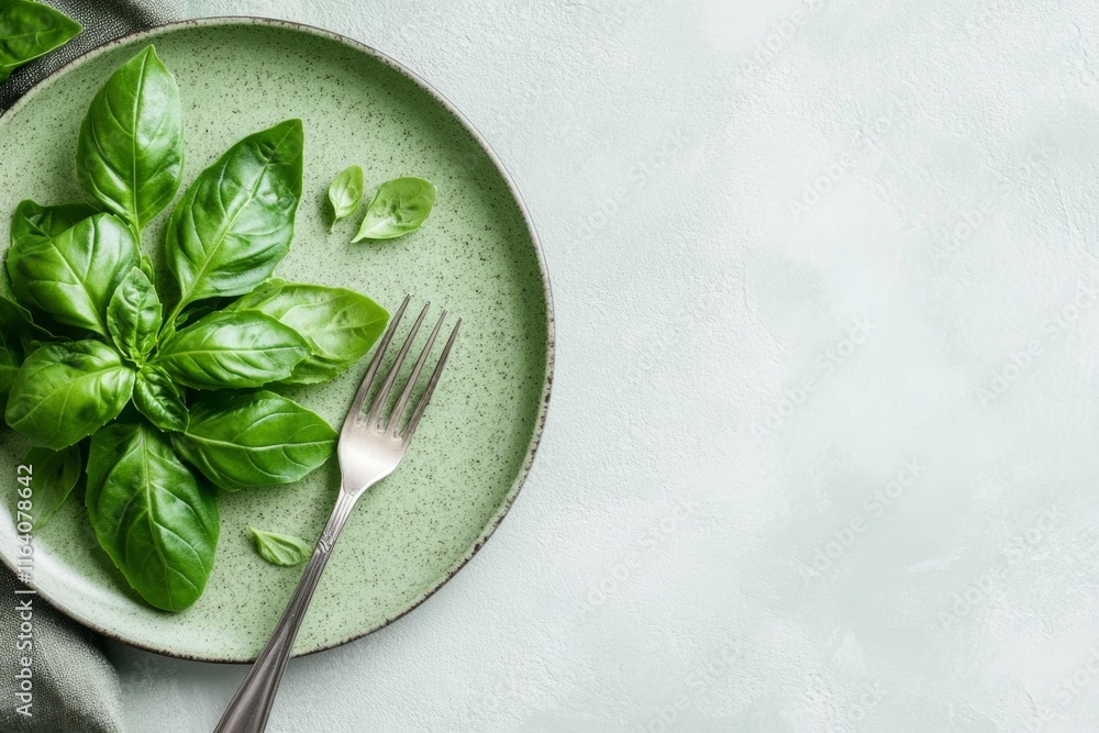 Poster A minimalist flat design of a plate of spaghetti with a simple fork and a sprig of basil