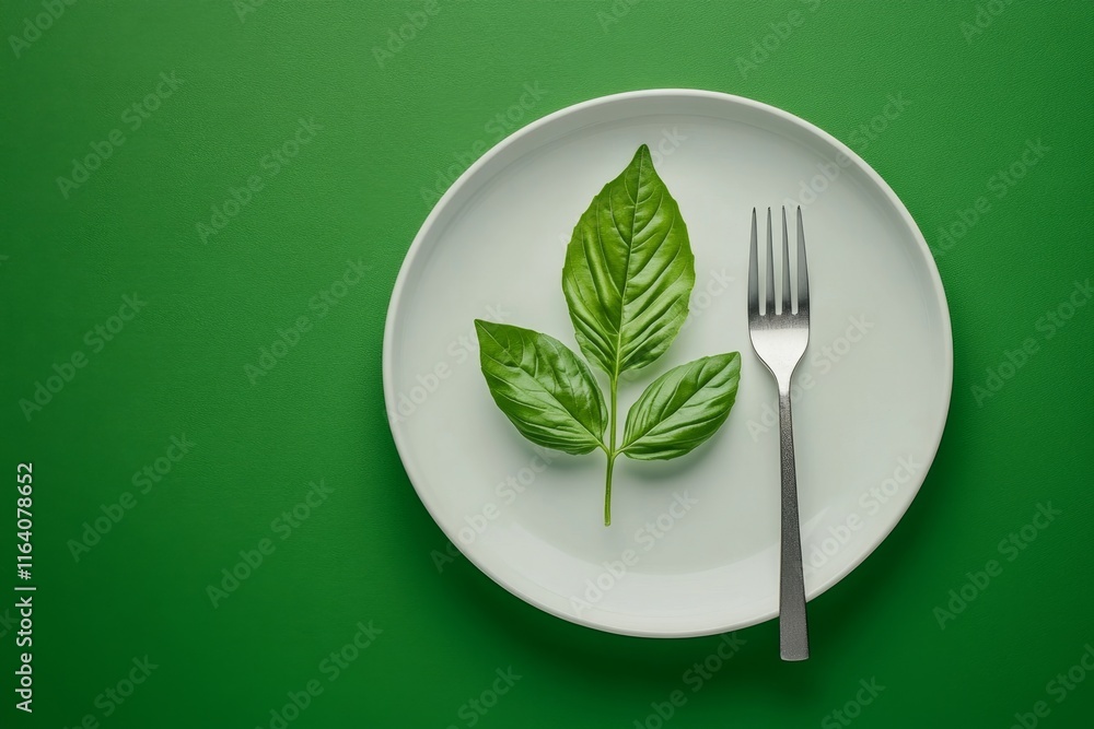 Poster A minimalist flat design of a plate of spaghetti with a simple fork and a sprig of basil
