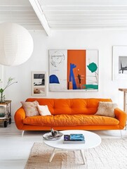 Modern Living Room With Orange Sofa And Abstract Art