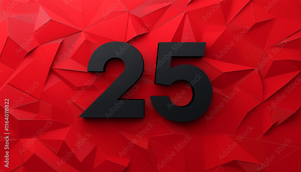 Poster bold black number 25 stands out against a vibrant red, geometrically patterned backdrop. the texture