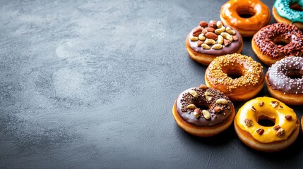 Delicious assorted donuts on a textured surface, showcasing a variety of toppings.