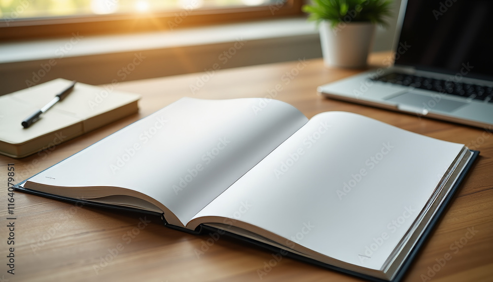 Poster open notebook resting on a wooden desk with sunlight streaming through the window in a cozy workspac