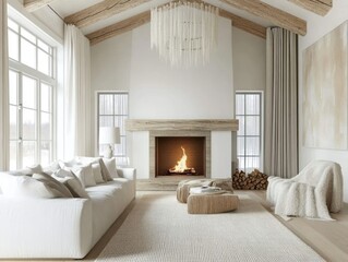 Modern minimalist living room with fireplace and large windows