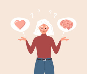 Balance between Heart and Brain. Emotional Intelligence concept. Elderly Female character Choosing between Feelings and Mind. Vector illustration in flat cartoon style.