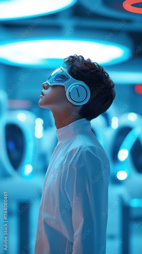 Aufkleber futuristic man in high tech environment with holographic elements ai agent