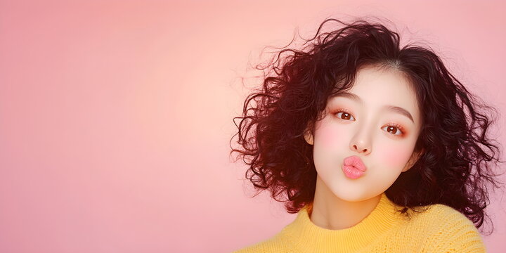 Asian woman making kissy face with curly hair on pink background. Female beauty concept for cosmetic product advertisement or greeting card.