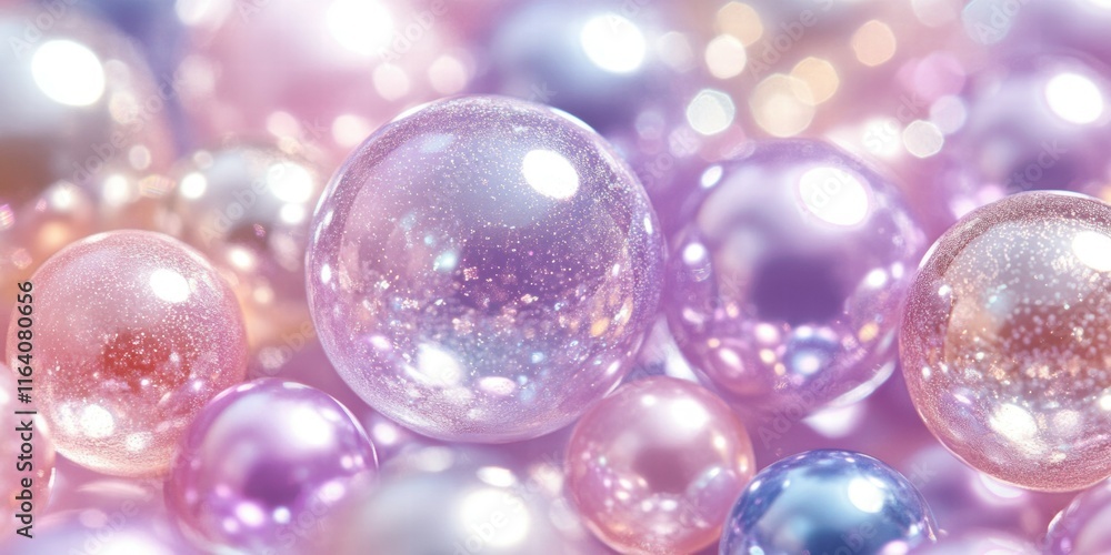 Poster a close-up view of colorful, shimmering bubbles with a soft, dreamy background.