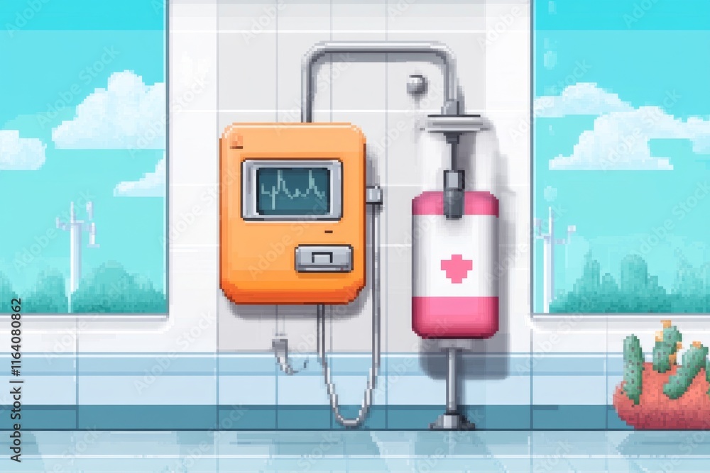 Poster a pixel art depiction of an iv stand with a simple bag and tubing in a retro hospital setting
