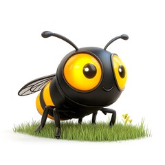 Naklejka premium Cartoon bee with yellow eyes and black body is standing in a field of grass
