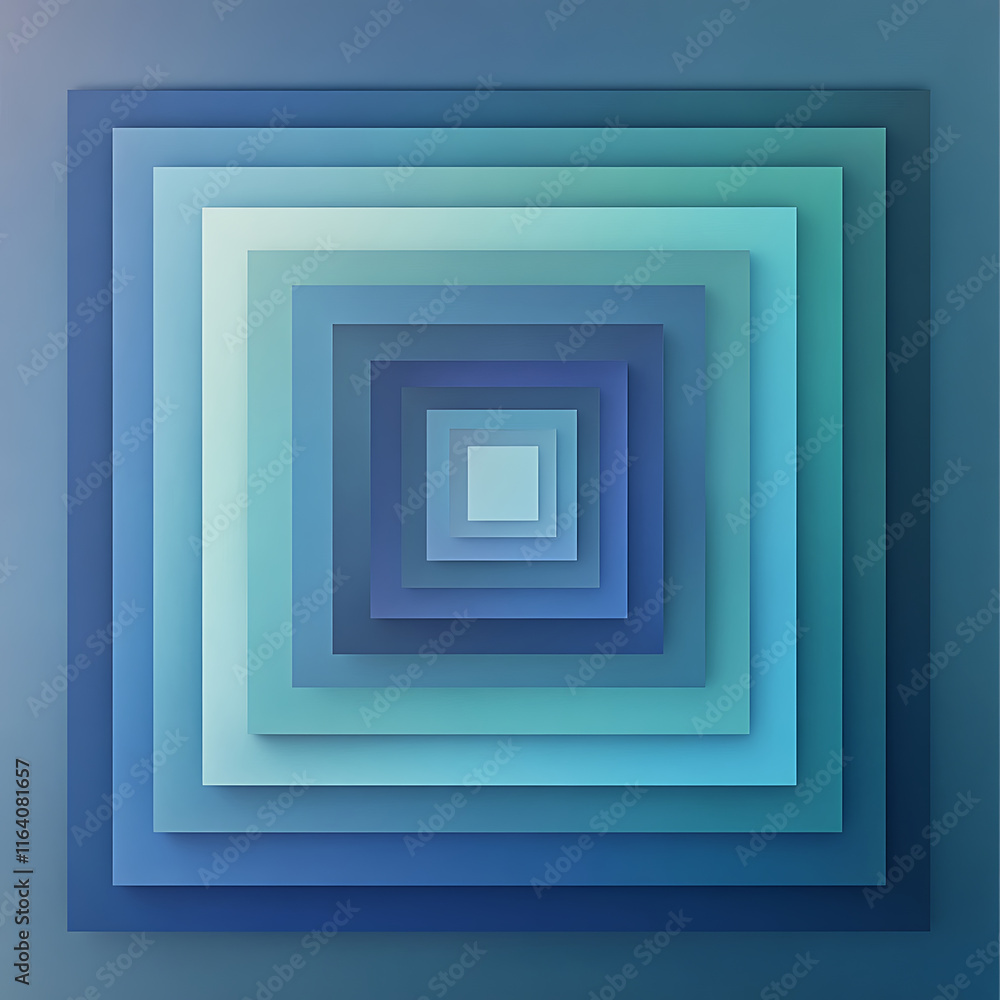 Poster minimalistic geometric artwork featuring layered squares in blue and green tones, creating calming v