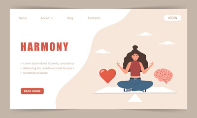 Harmony of Brain and Heart. Landing page template. Woman make decision consider emotion and wisdom. Flat design. Vector illustration in cartoon style.