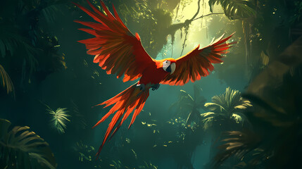 a colorful parrot flying against a shadowy jungle background. Wraithlike. Illustration