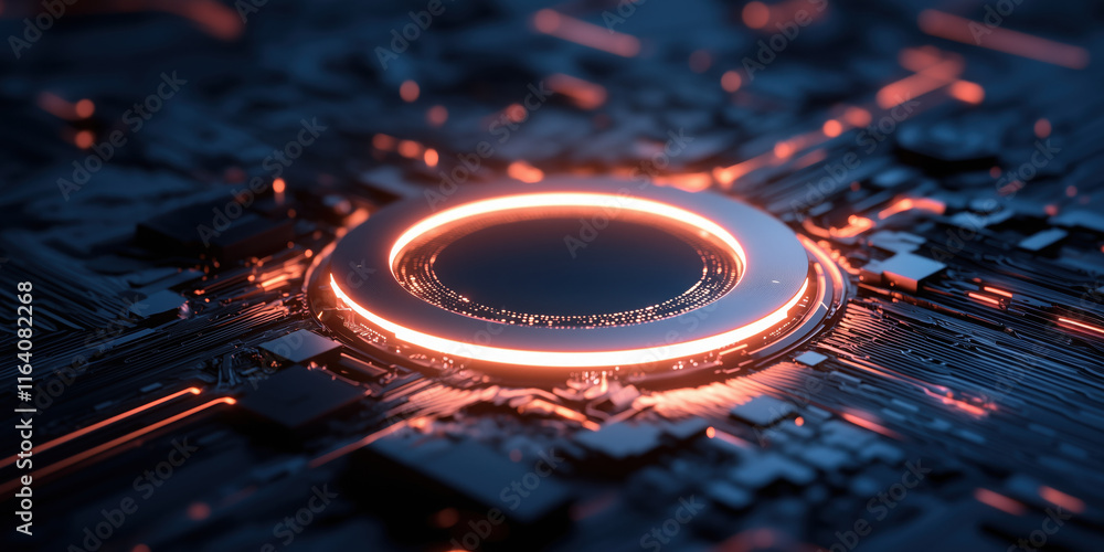 Aufkleber glowing circuit board with central illuminated ring and data flow