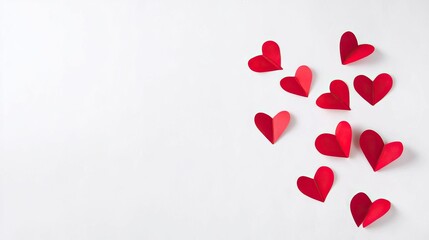 White background, flying red paper hearts, flat composition, free space for text or design, valentine's day celebration concept, love and romance theme, high resolution photography, stock photo style.