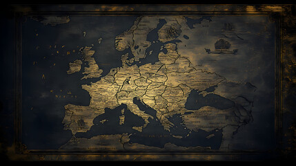 A dark, gothic map of europe with old-style fonts, mysterious markings, and shadowy borders. Wraithlike. Illustration