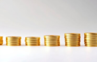 Golden coins stacked on a plain white background