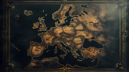 A dark, gothic map of europe with old-style fonts, mysterious markings, and shadowy borders. Wraithlike. Illustration