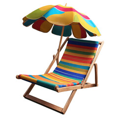 Colorful wooden beach chair with striped fabric and matching umbrella for relaxing by the shore