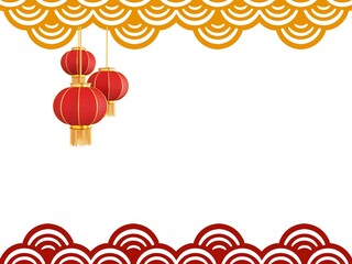 Red and gold Chinese lanterns and ornaments isolated on white, copy space for Chinese Lunar New Year Imlek bakcground theme. 