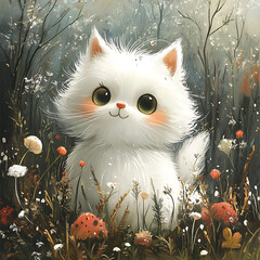 fluffy white kitten sits in whimsical garden filled with colorful flowers and mushrooms, exuding charming and playful vibe