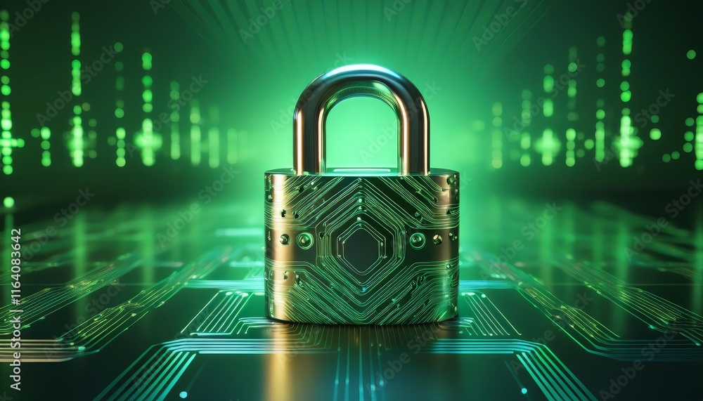 Aufkleber a digital padlock with a green circuit board design, symbolizing cybersecurity and data protection, 