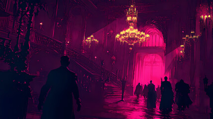 Obraz premium A mysterious and atmospheric scene featuring shadowy figures in a dimly lit, opulent space with glowing chandeliers. Wraithlike. Illustration