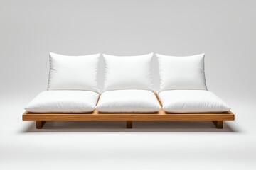 Obraz premium A minimalistic wooden sofa with white cushions, designed for comfort and elegance, enhancing modern interior decor.