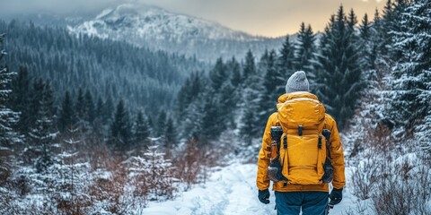 Solo Hiker in Snowy Mountains