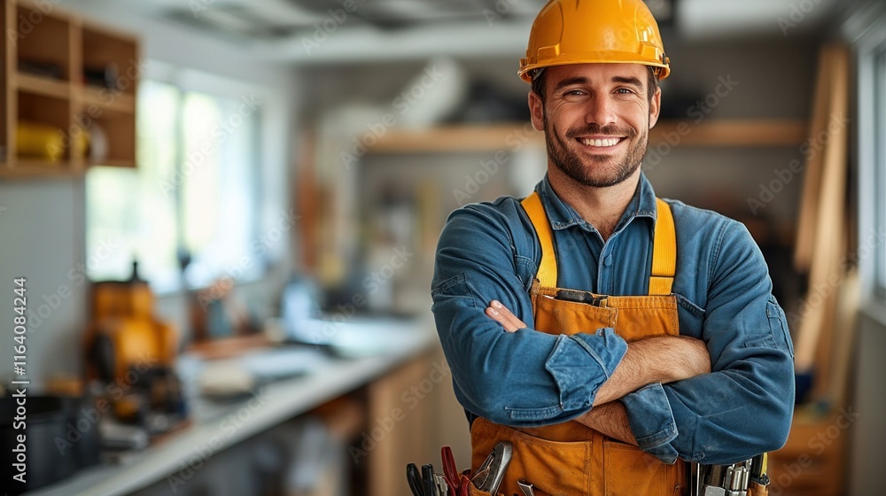 Poster smiling worker in a workshop with tools and equipment.