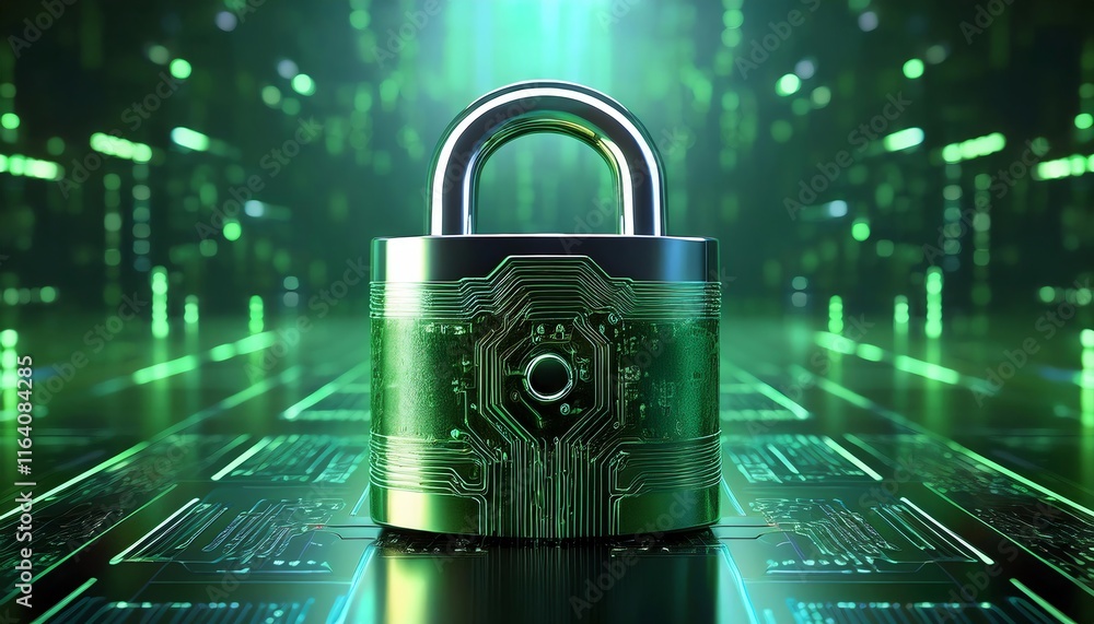Poster a futuristic padlock with a circuit design stands against a high-tech digital background, symbolizin